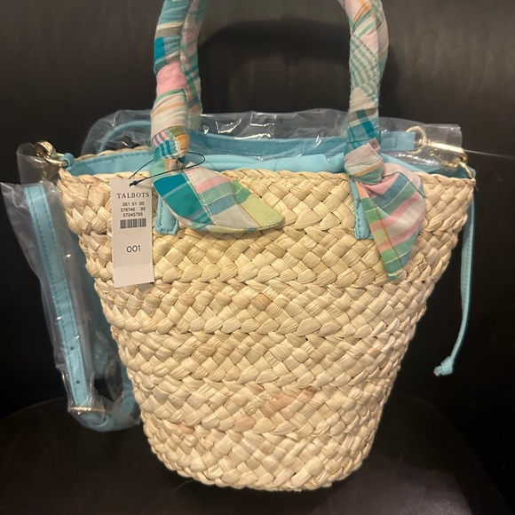 Talbots Natural Straw Tote with Pastel Blue Trim and Multicolor Scarf Handles